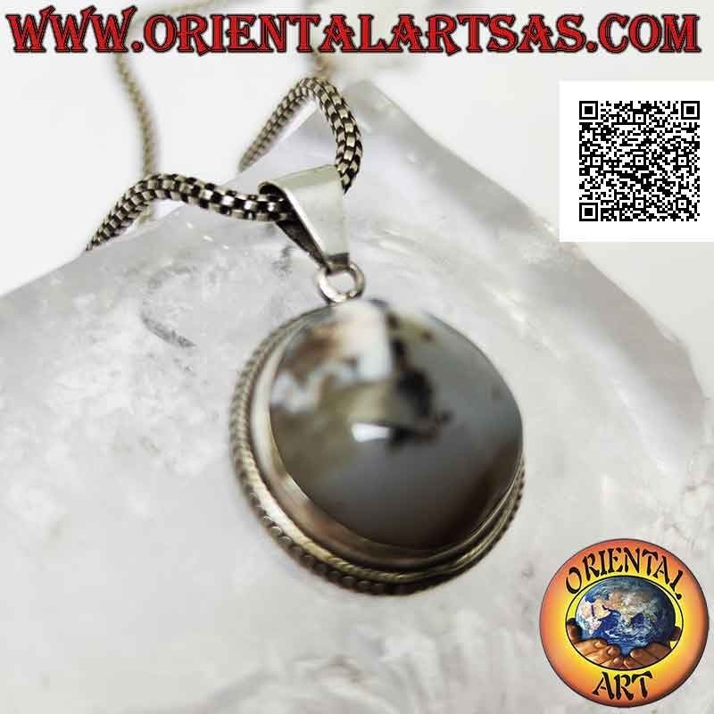 Silver pendant with cabochon round moss agate surrounded by weaving (2)