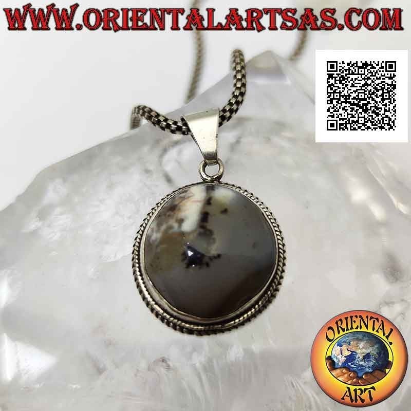 Silver pendant with cabochon round moss agate surrounded by weaving (2)