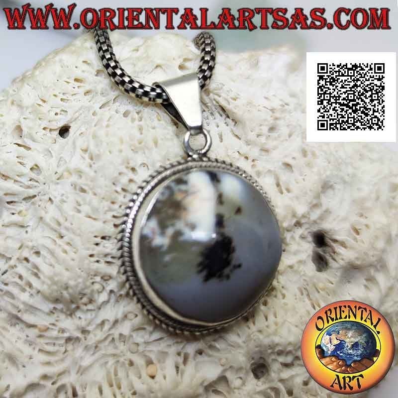 Pendentif en argent avec cabochon rond agate mousse entouré de tissage (2)