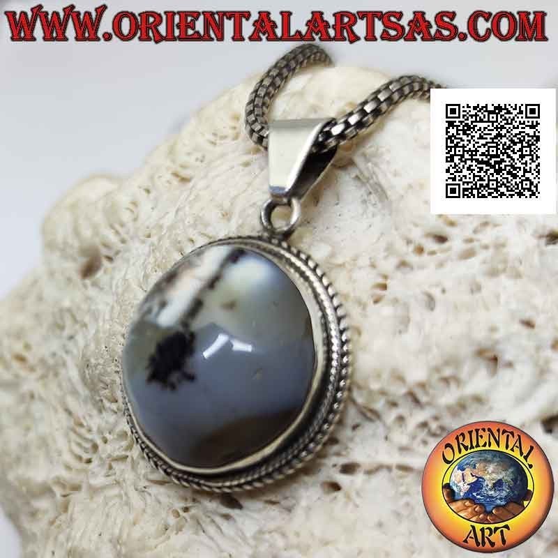 Silver pendant with cabochon round moss agate surrounded by weaving (2)