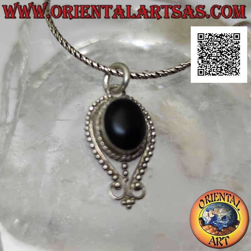 Silver pendant with oval onyx surrounded by an inverted drop of balls