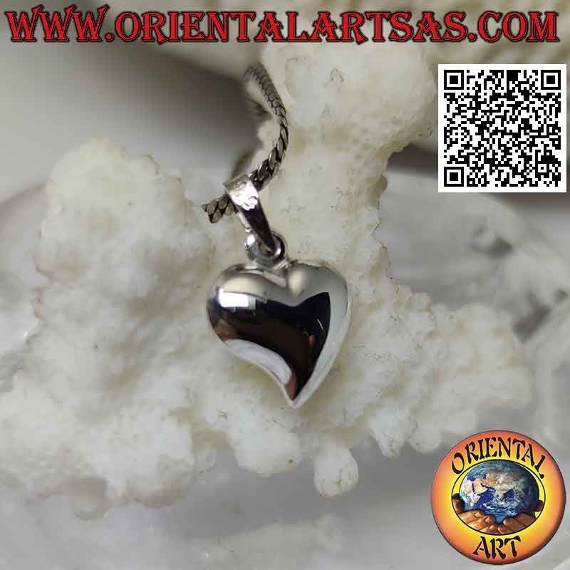 Silver pendant, three-dimensional smooth heart with elongated tip