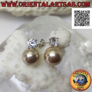 Silberne Lobe-Ohrringe mit Elfenbeinperle und weißem rundem Zirkonia Set