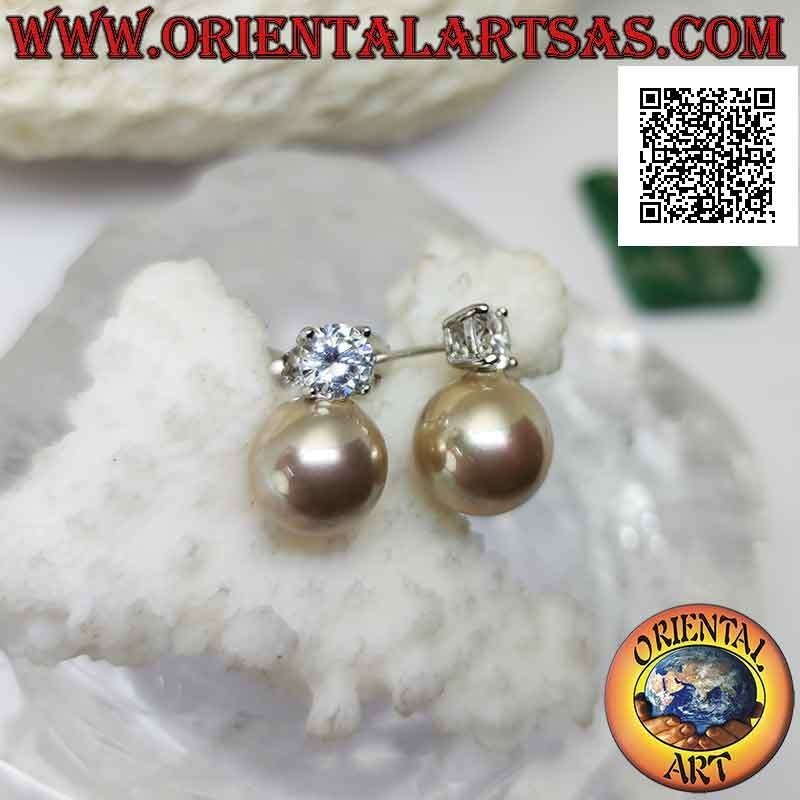 Pendientes lóbulos de plata con perla marfil y circonita redonda blanca engastada