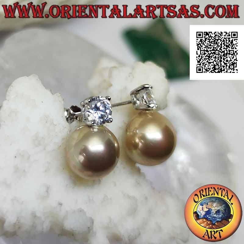 Silver lobe earrings with ivory pearl and white round zircon set