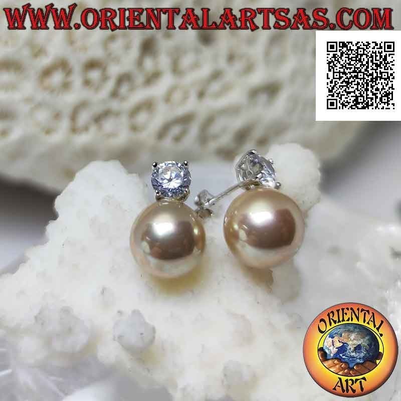 Boucles d'oreilles lobe en argent avec perle ivoire et zircons ronds blancs