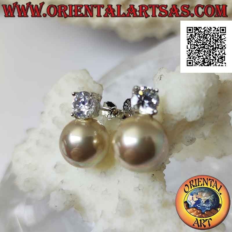 Silberne Lobe-Ohrringe mit Elfenbeinperle und weißem rundem Zirkonia Set