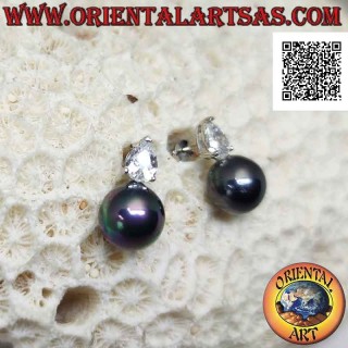 Silberne Lobe-Ohrringe mit grauer Perle und weißem Tropfen-Zirkon-Set