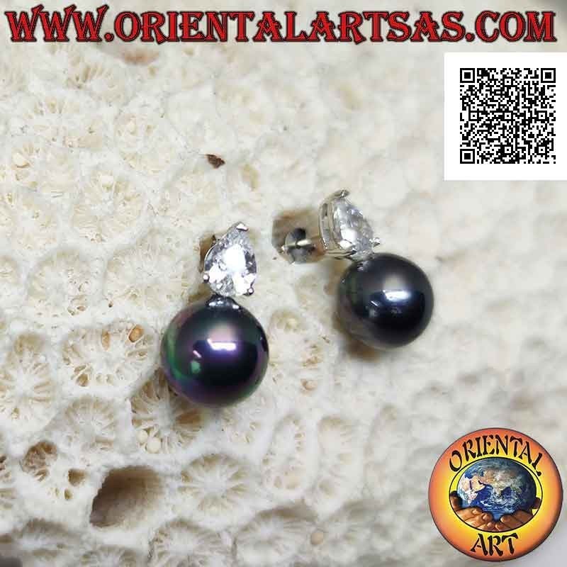 Boucles d'oreilles lobe en argent avec perle grise et zircon blanc en forme de larme