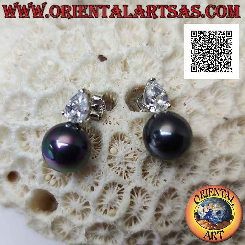 Silver lobe earrings with gray pearl and white teardrop zircon set