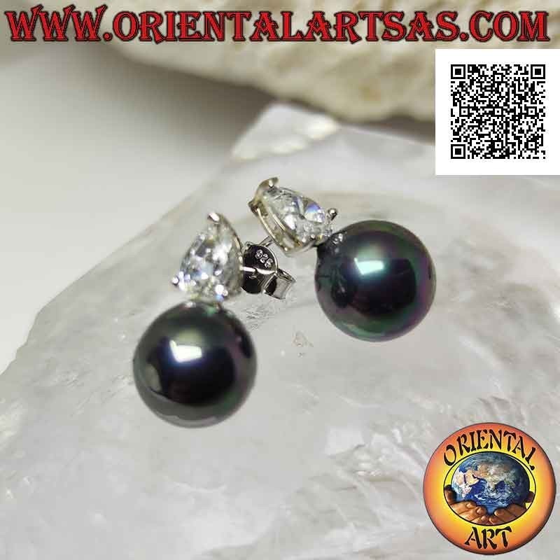 Pendientes lóbulos de plata con perla gris y conjunto de circonitas en forma de lágrima blanca