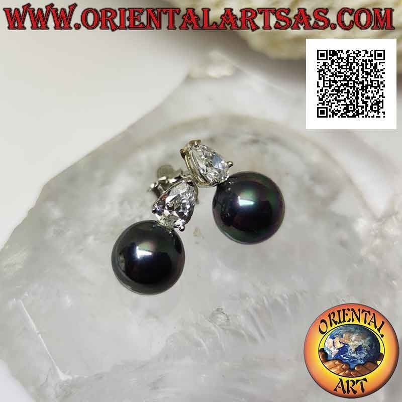 Silver lobe earrings with gray pearl and white teardrop zircon set