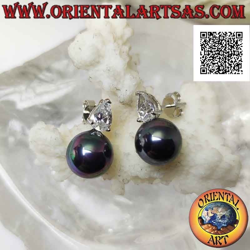 Silver lobe earrings with gray pearl and white teardrop zircon set