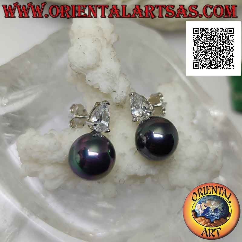 Silver lobe earrings with gray pearl and white teardrop zircon set