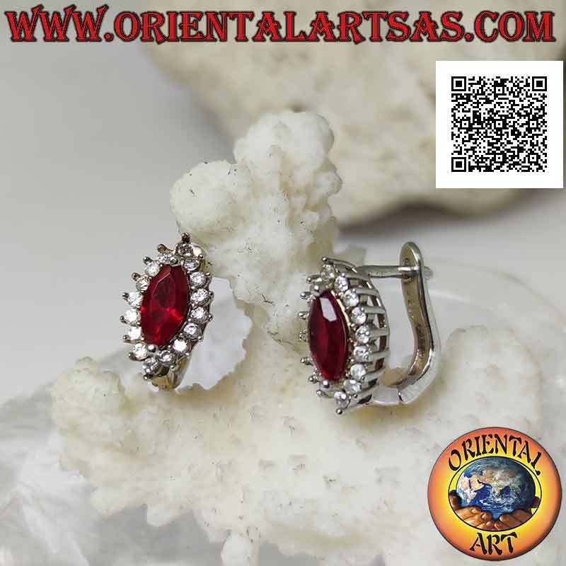 Silver lever earrings with shuttle synthetic ruby surrounded by white zircons
