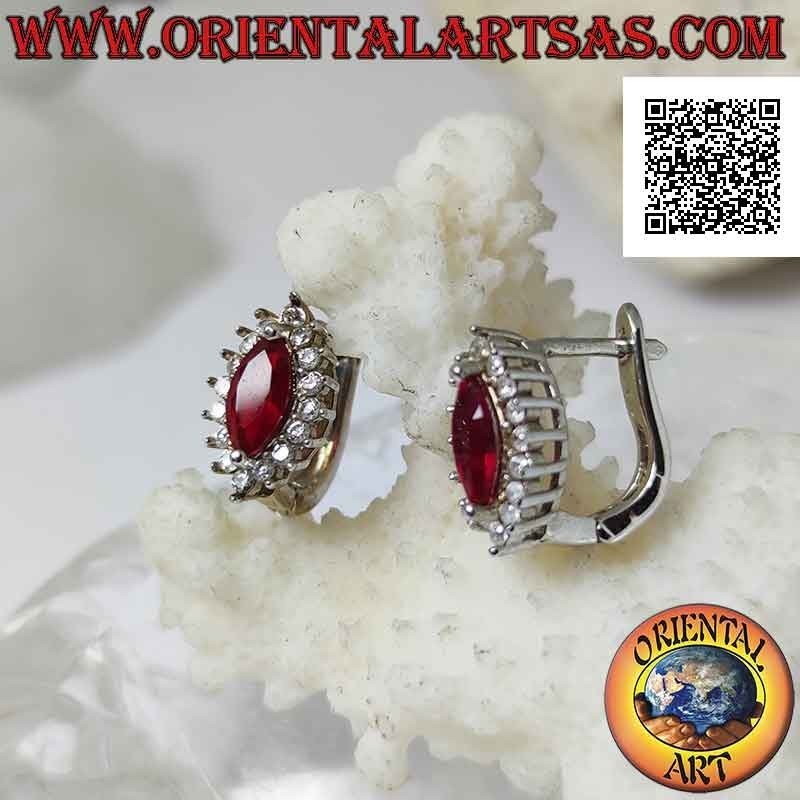 Silver lever earrings with shuttle synthetic ruby surrounded by white zircons