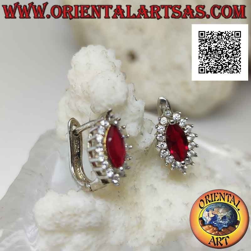 Silver lever earrings with shuttle synthetic ruby surrounded by white zircons