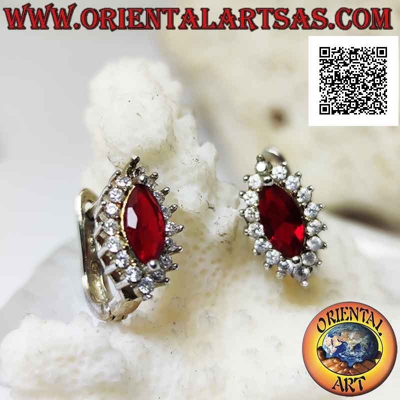 Silver lever earrings with shuttle synthetic ruby surrounded by white zircons