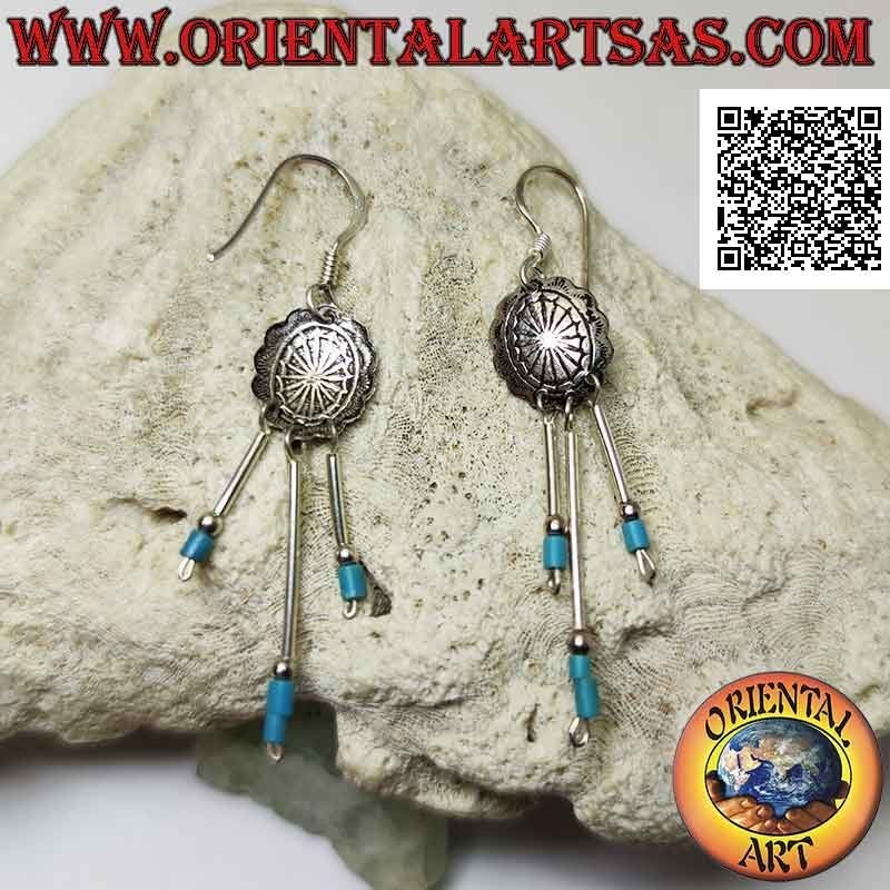 Silver leverback earrings with chiseled shield and trio of silver sticks with stones