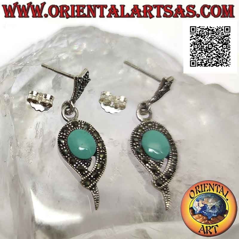 Silver earrings with oval turquoise surrounded by a teardrop-shaped marcasite band