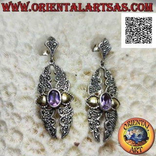 Pendientes de plata, placa rota tachonada de marcasita, amatista ovalada natural y pan de oro