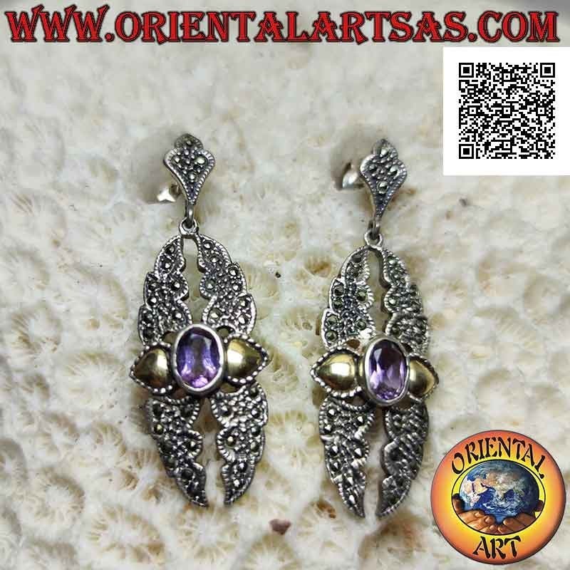 Orecchini in argento, piastra spezzata tempestata di marcasite, ametista naturale ovale e foglie d'oro