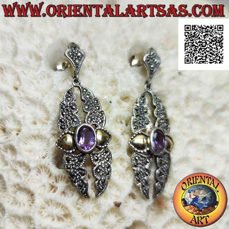 Silver earrings, broken plate studded with marcasite, natural oval amethyst and gold leaf