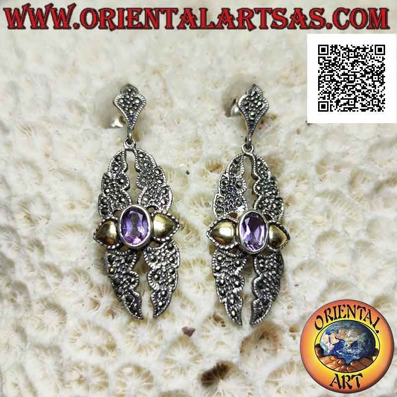 Orecchini in argento, piastra spezzata tempestata di marcasite, ametista naturale ovale e foglie d'oro