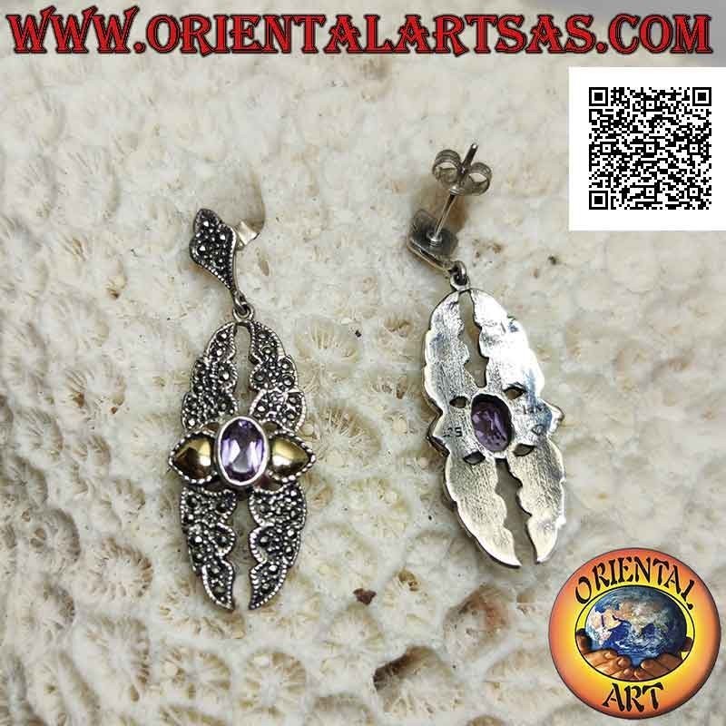 Pendientes de plata, placa rota tachonada de marcasita, amatista ovalada natural y pan de oro