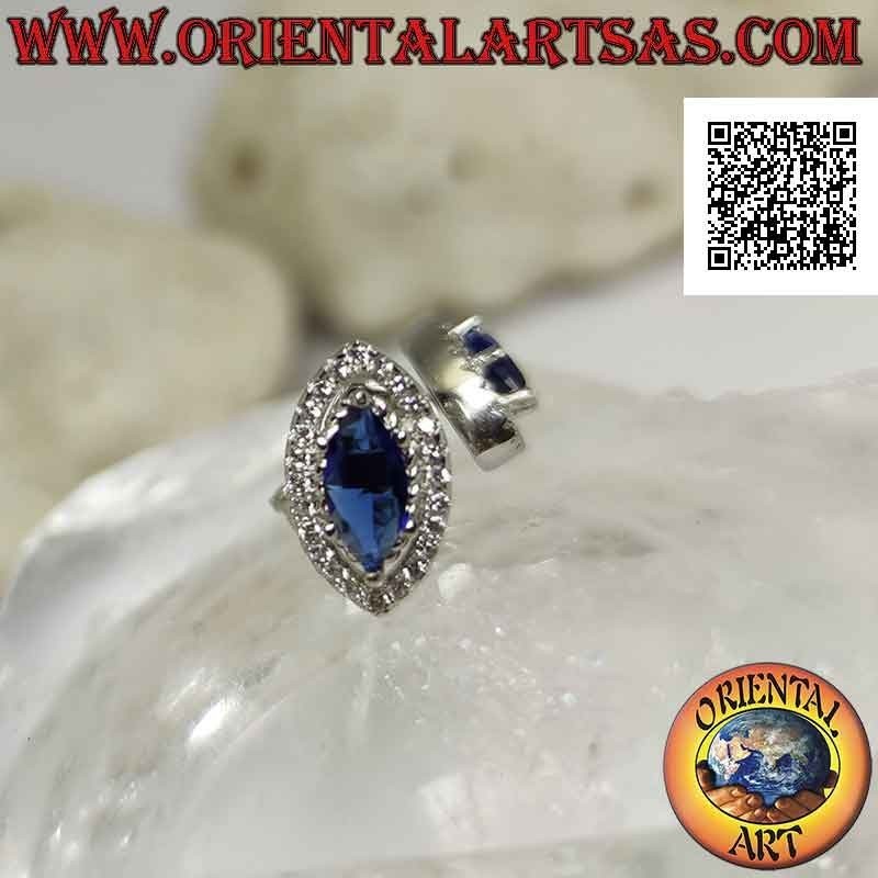 Silver earrings with synthetic shuttle sapphire set surrounded by white zircons