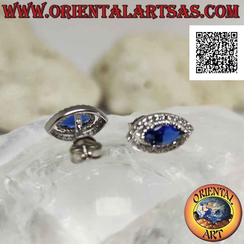 Silver earrings with synthetic shuttle sapphire set surrounded by white zircons