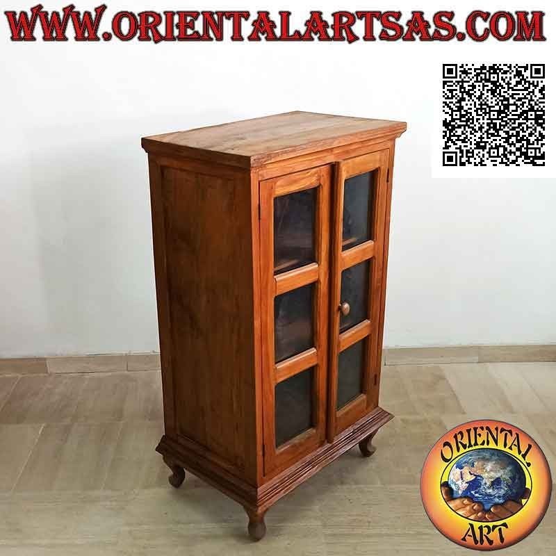Rectangular showcase with double door and three deep shelves with curved feet in teak wood