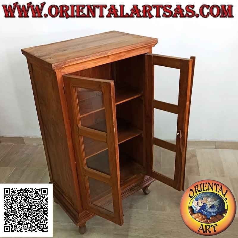 Rectangular showcase with double door and three deep shelves with curved feet in teak wood