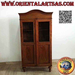 Simple two-door antique display cabinet with curved hat in antique teak wood