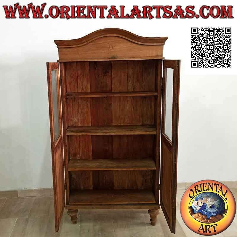 Simple two-door antique display cabinet with curved hat in antique teak wood