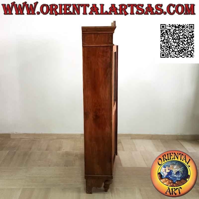 Simple two-door antique display cabinet with curved hat in antique teak wood