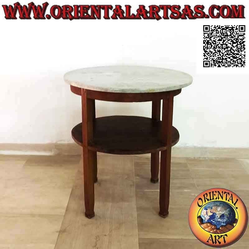 Tavolo tondo lineare con piano in marmo e ripiano sotto, in legno antico di teak (70 cm Ø)