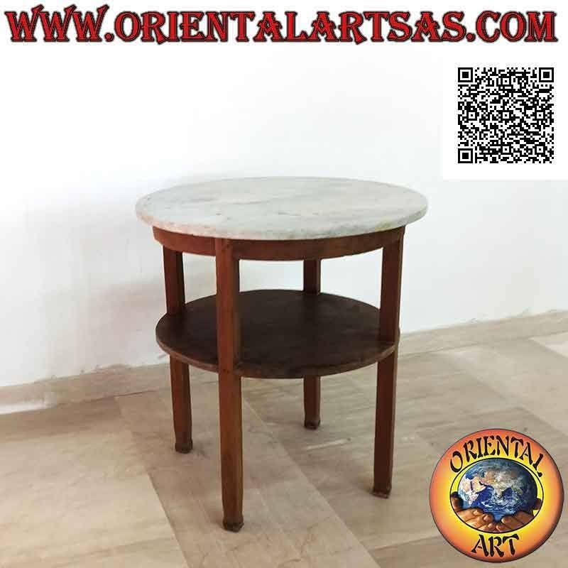 Tavolo tondo lineare con piano in marmo e ripiano sotto, in legno antico di teak (70 cm Ø)