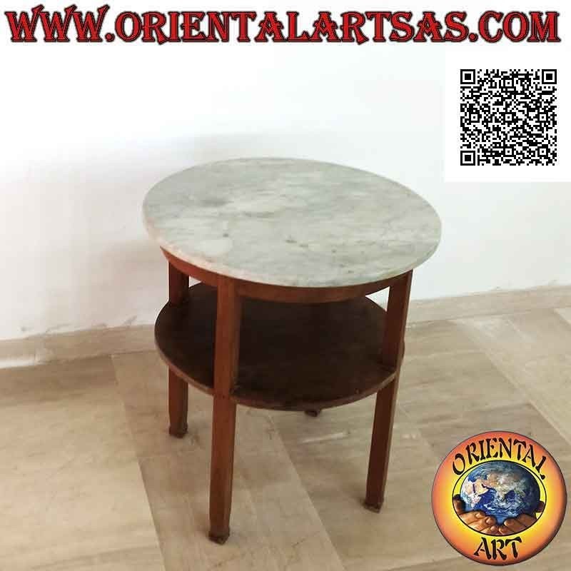 Mesa lineal redonda con tapa de mármol y balda inferior, en madera de teca antigua (70 cm Ø)