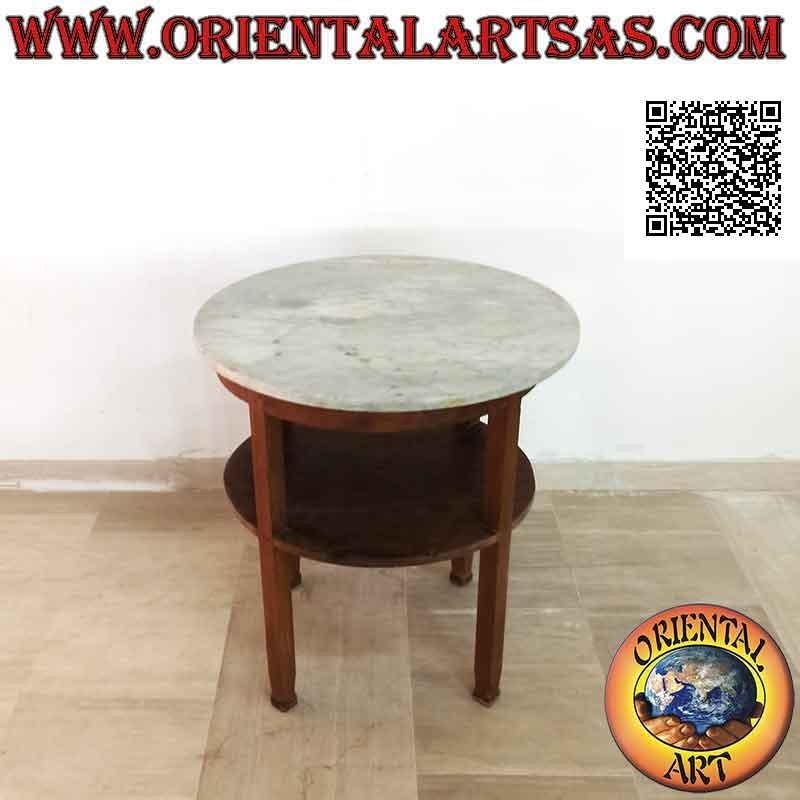 Round linear table with marble top and shelf underneath, in antique teak wood (70 cm Ø)