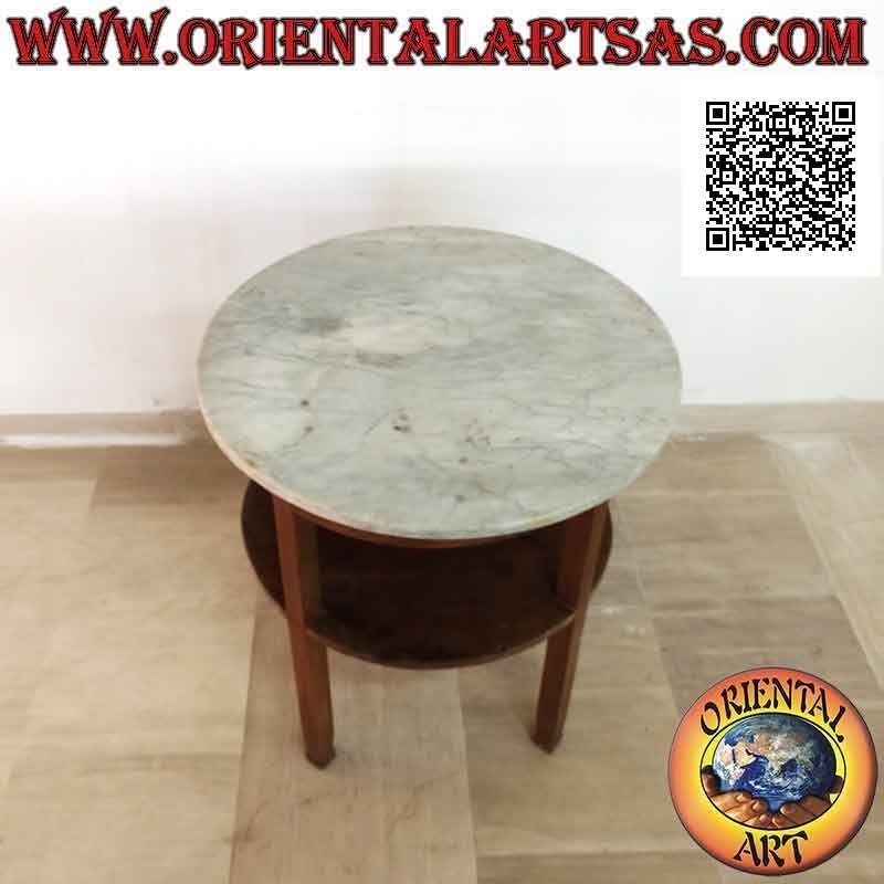 Round linear table with marble top and shelf underneath, in antique teak wood (70 cm Ø)