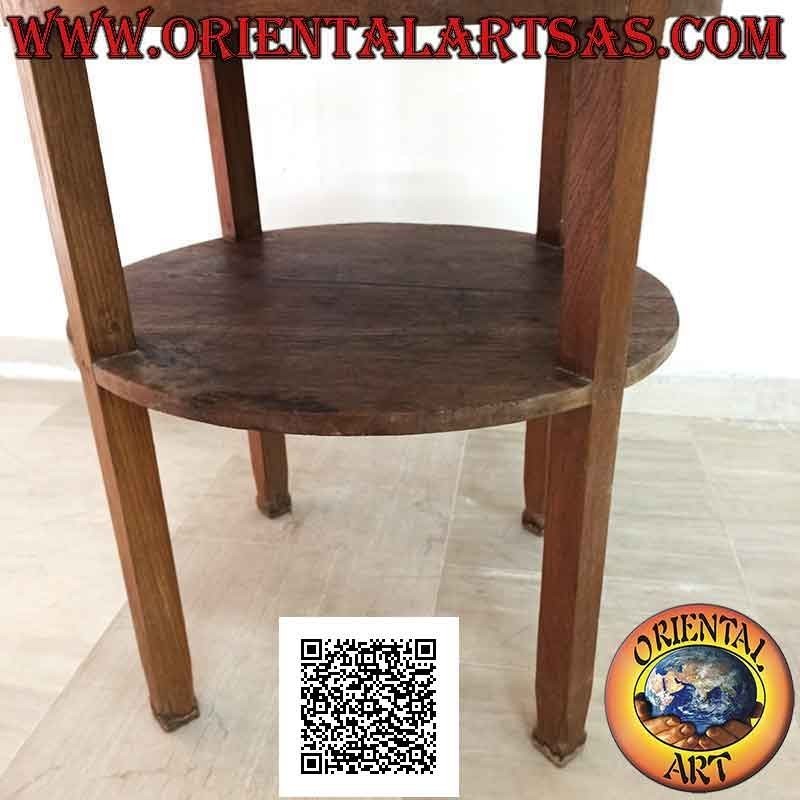 Mesa lineal redonda con tapa de mármol y balda inferior, en madera de teca antigua (70 cm Ø)