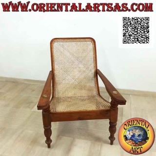 Antique colonial style armchair / chaise longue in teak wood and Vienna straw