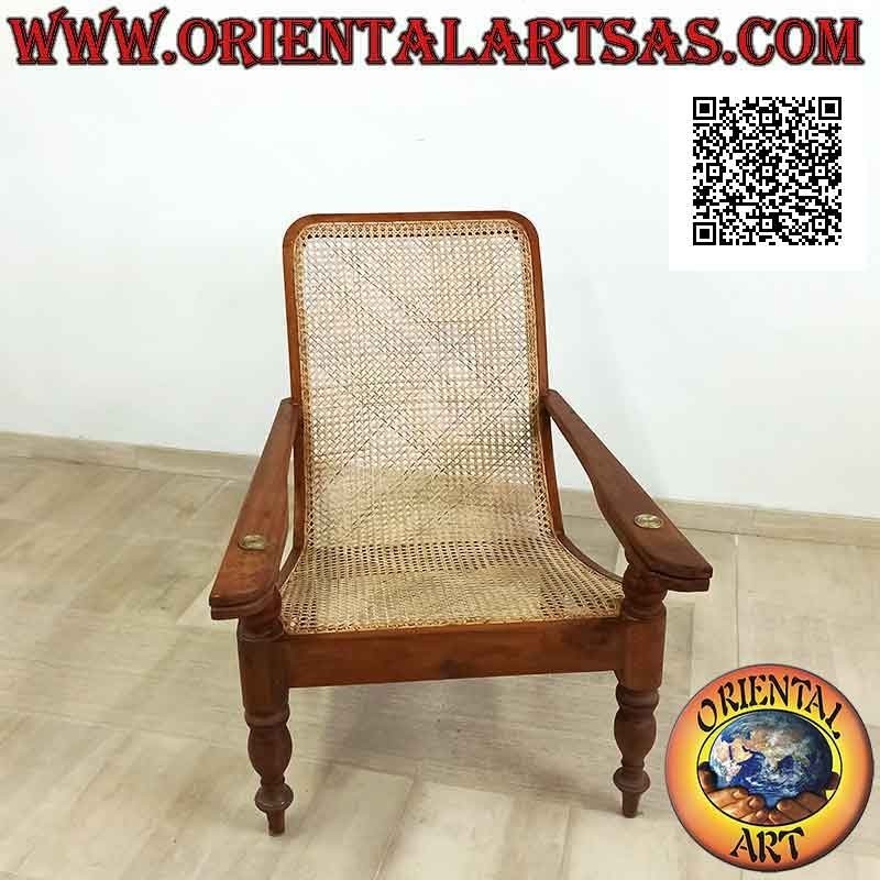 Antiker Sessel / Chaiselongue im Kolonialstil aus Teakholz und Wiener Stroh