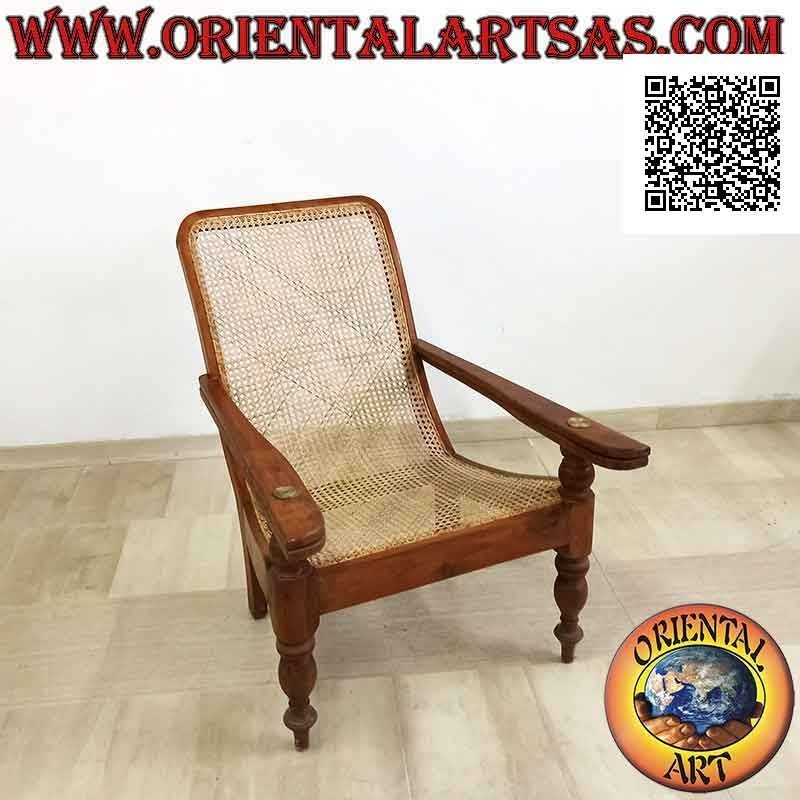 Antica Poltrona / Chaise Longue in stile coloniale in legno di teak e paglia di Vienna