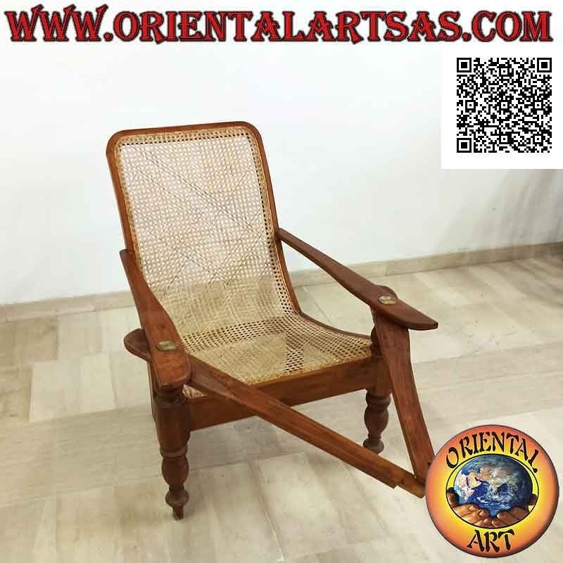 Sillón / chaise longue de estilo colonial antiguo en madera de teca y paja de Viena