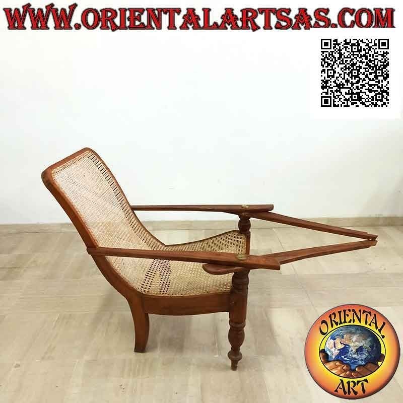 Sillón / chaise longue de estilo colonial antiguo en madera de teca y paja de Viena