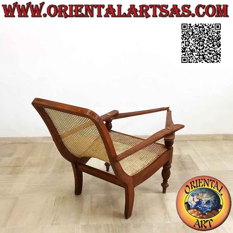 Antica Poltrona / Chaise Longue in stile coloniale in legno di teak e paglia di Vienna