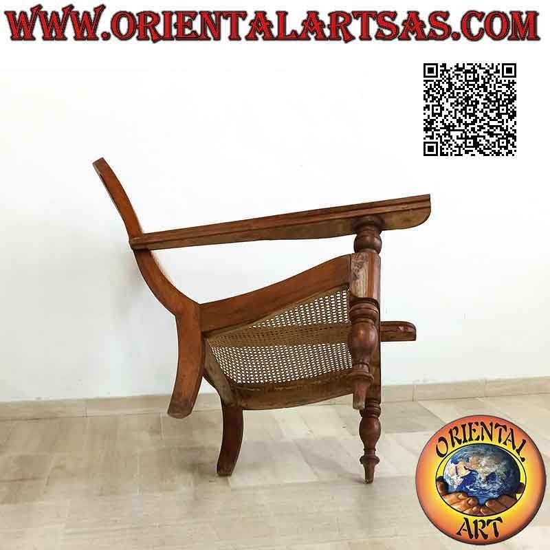 Fauteuil / méridienne antique de style colonial en bois de teck et paille de Vienne