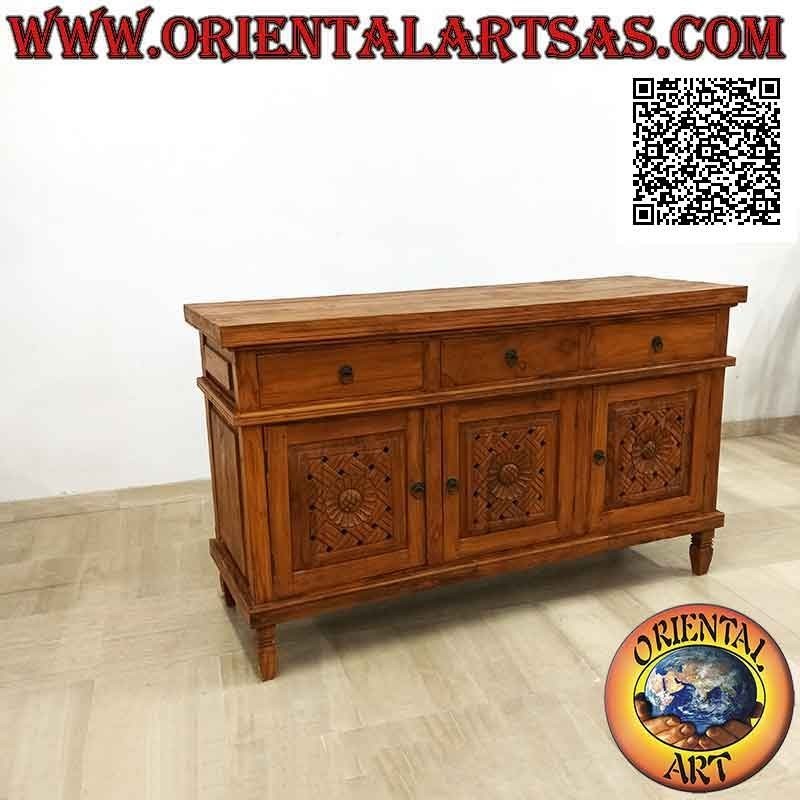 Buffet a 3 ante e 3 cassetti con decorazioni floreali intagliate a mano in legno di teak